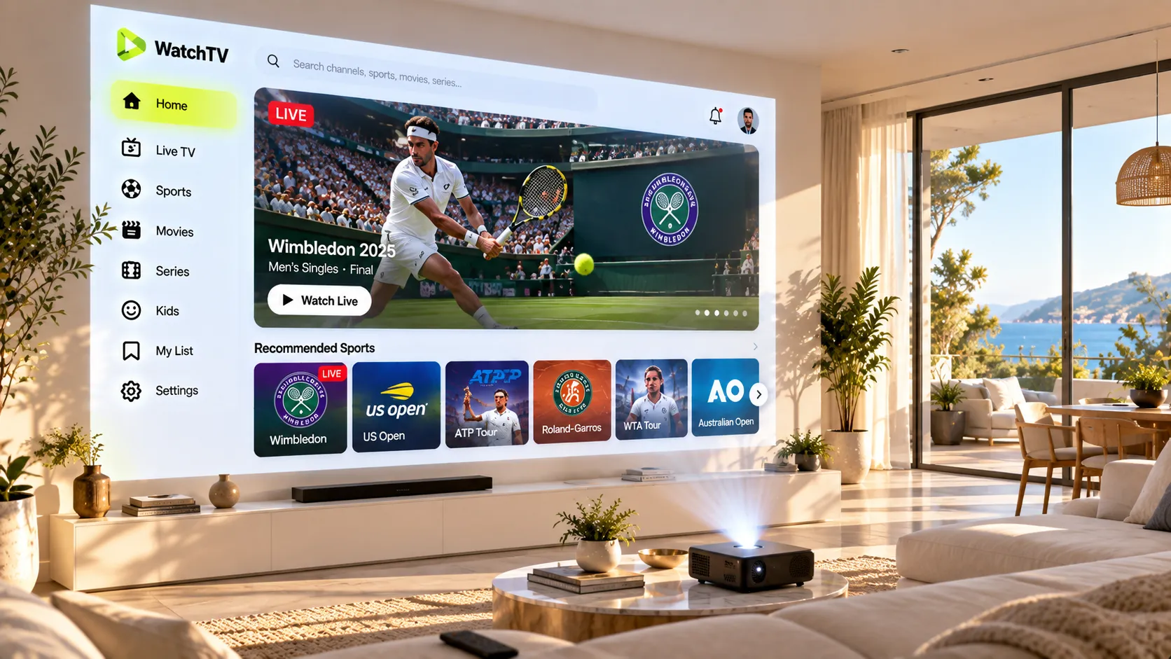 Bundesliga live per IPTV auf einem Smart-TV: Spielszene und EPG-Anzeige