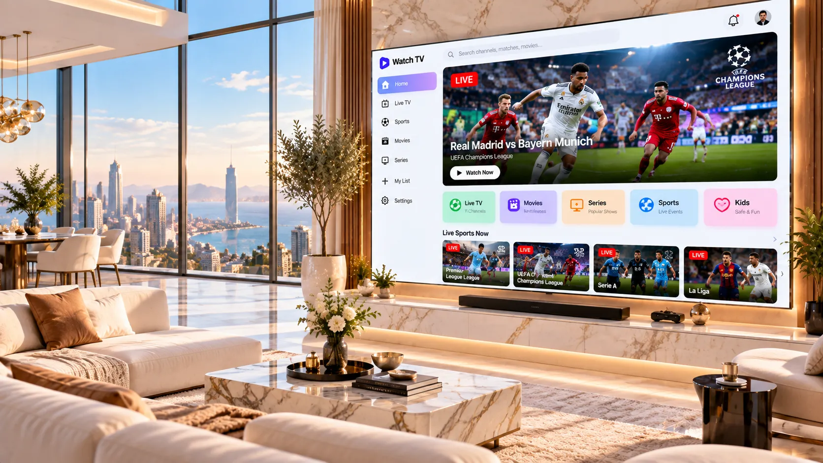 NFL-Spielszene auf einem Smart-TV mit DAZN IPTV-Oberfläche und EPG